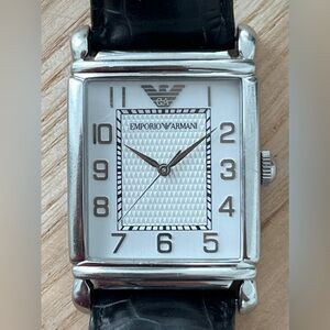 Emporio Armani Vintage Watch Original Box Stainless Case Leather Strap WhiteDial